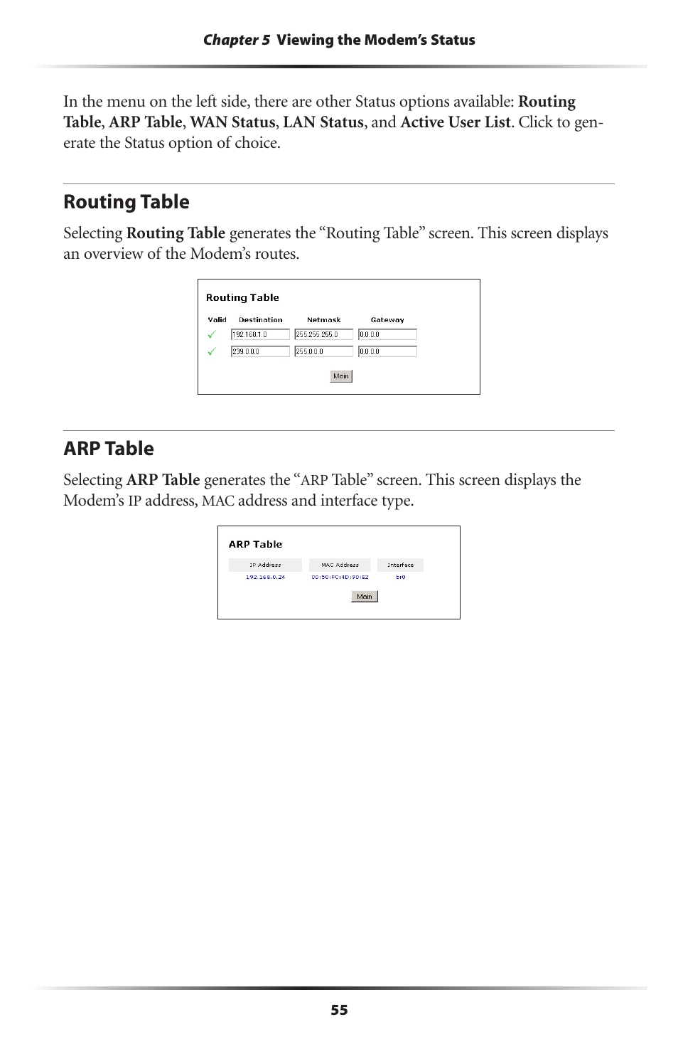 Routing table, Arp table, 55 arp table | Actiontec electronic GT701A User Manual | Page 58 / 119