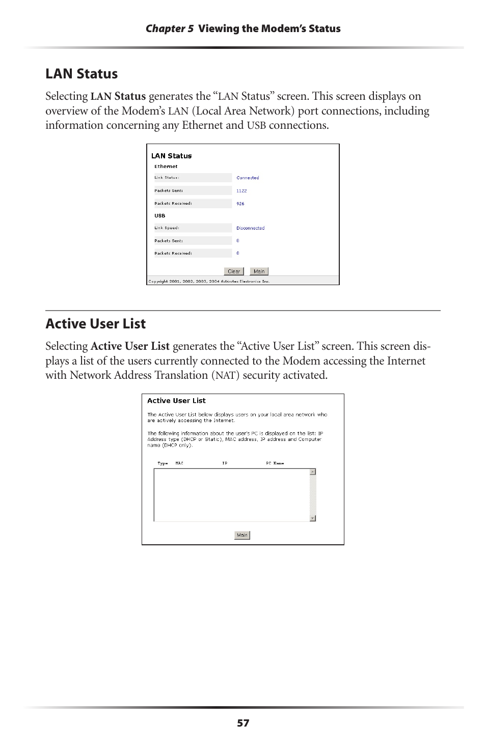 Lan status, Active user list, 57 active user list | Actiontec electronic GT701A User Manual | Page 60 / 119