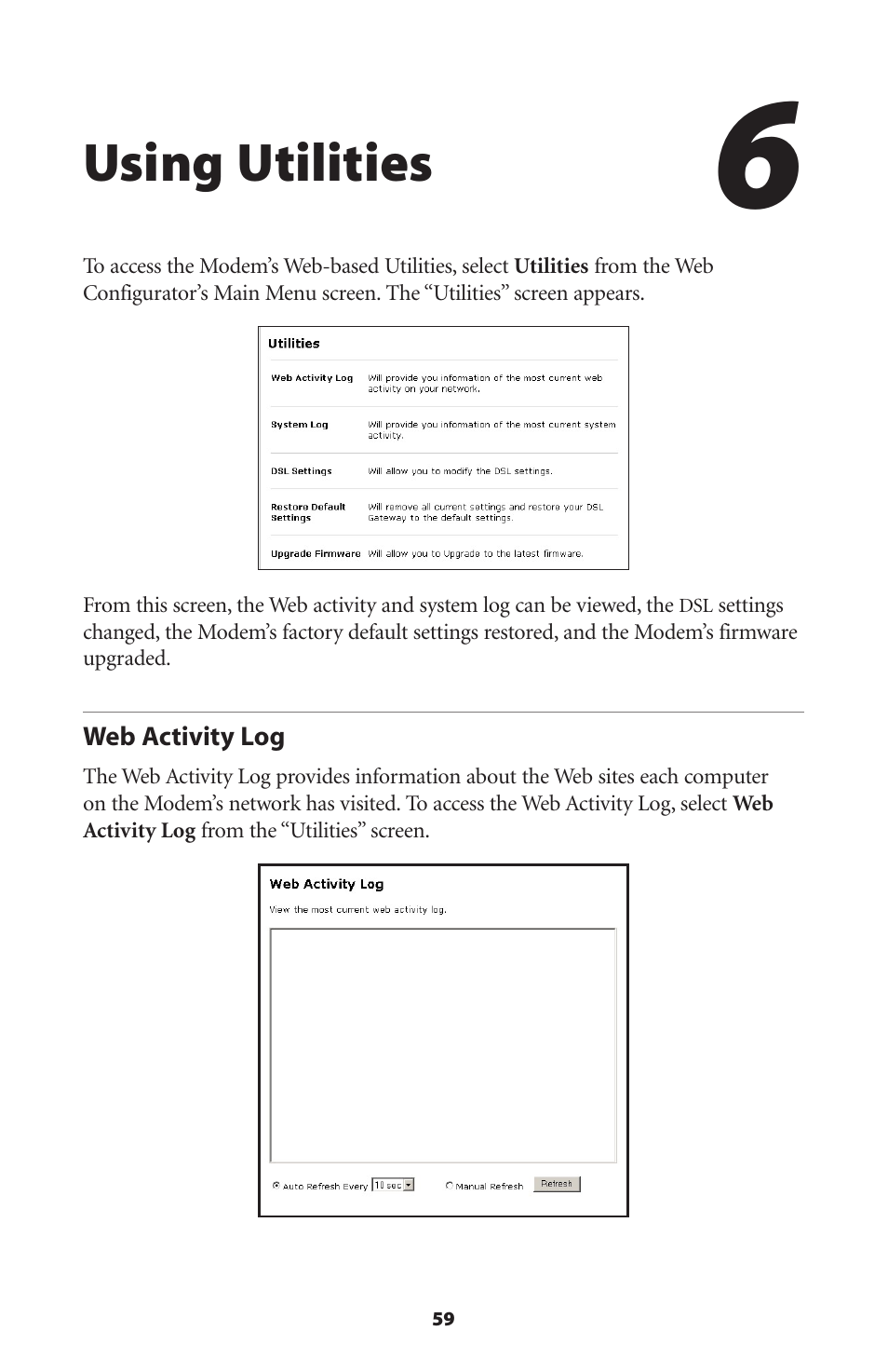 Using utilities, Web activity log | Actiontec electronic GT701A User Manual | Page 62 / 119