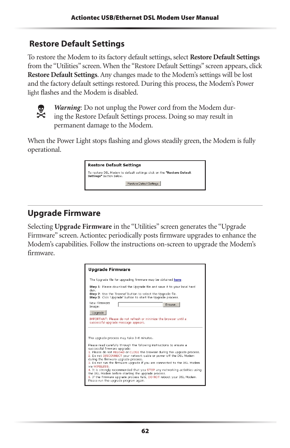 Restore default settings, Upgrade firmware, 62 upgrade firmware | Actiontec electronic GT701A User Manual | Page 65 / 119