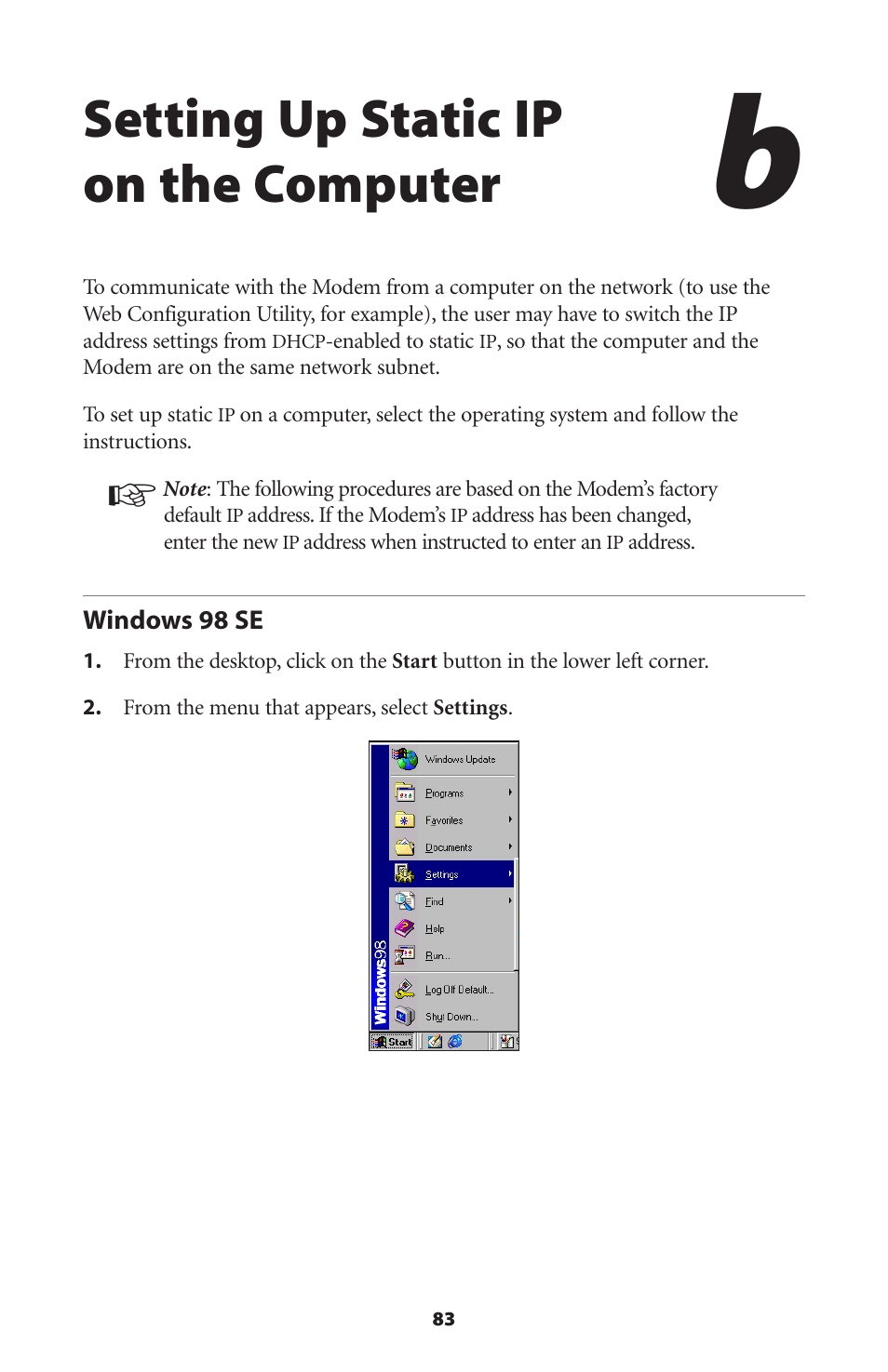 Setting up static ip on the computer, Windows 98 se | Actiontec electronic GT701A User Manual | Page 86 / 119