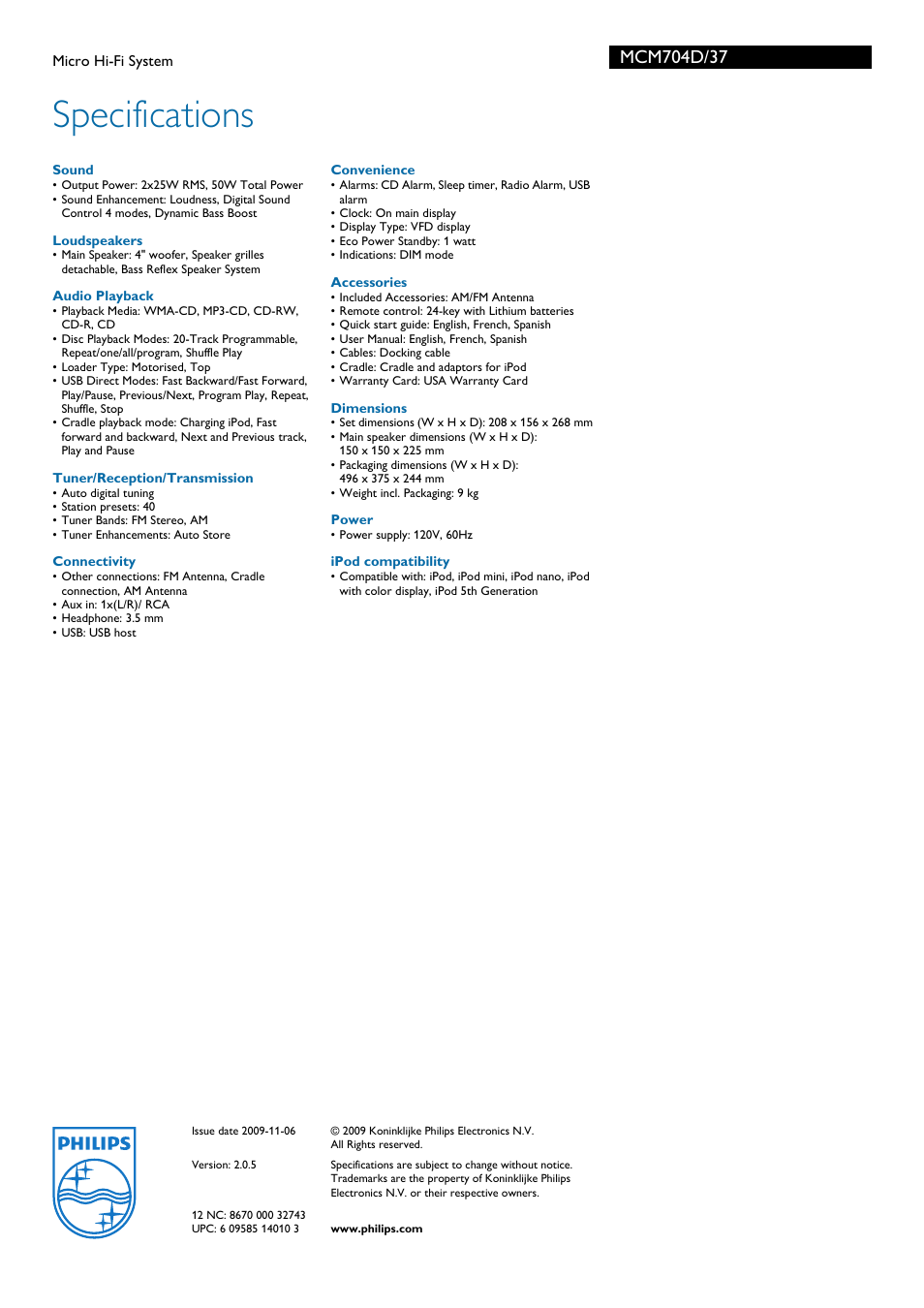 Specifications | Philips MCM704D-37 User Manual | Page 3 / 3