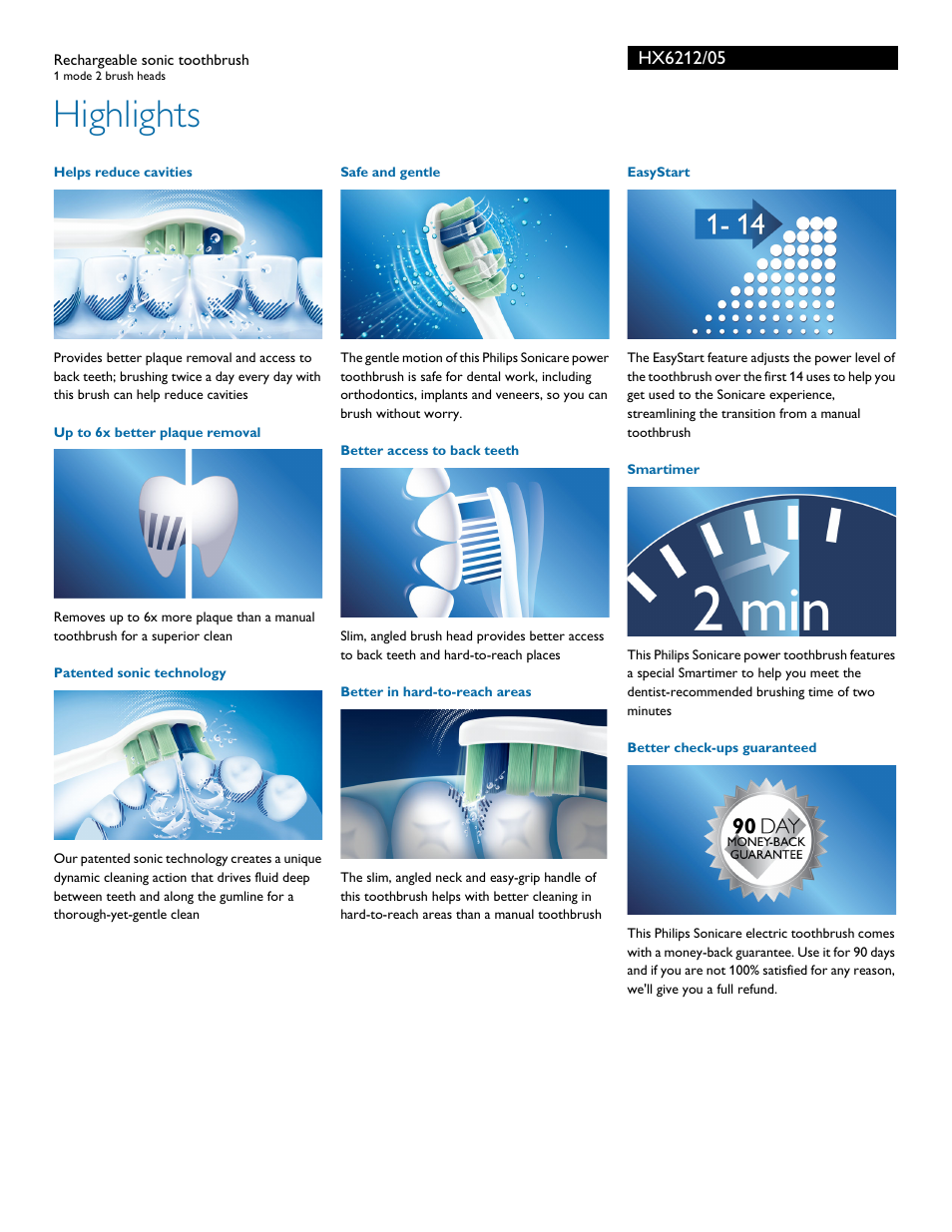 Highlights | Philips Sonicare 2 Series plaque control Rechargeable sonic toothbrush HX6212-05 1 mode 2 brush heads User Manual | Page 2 / 3