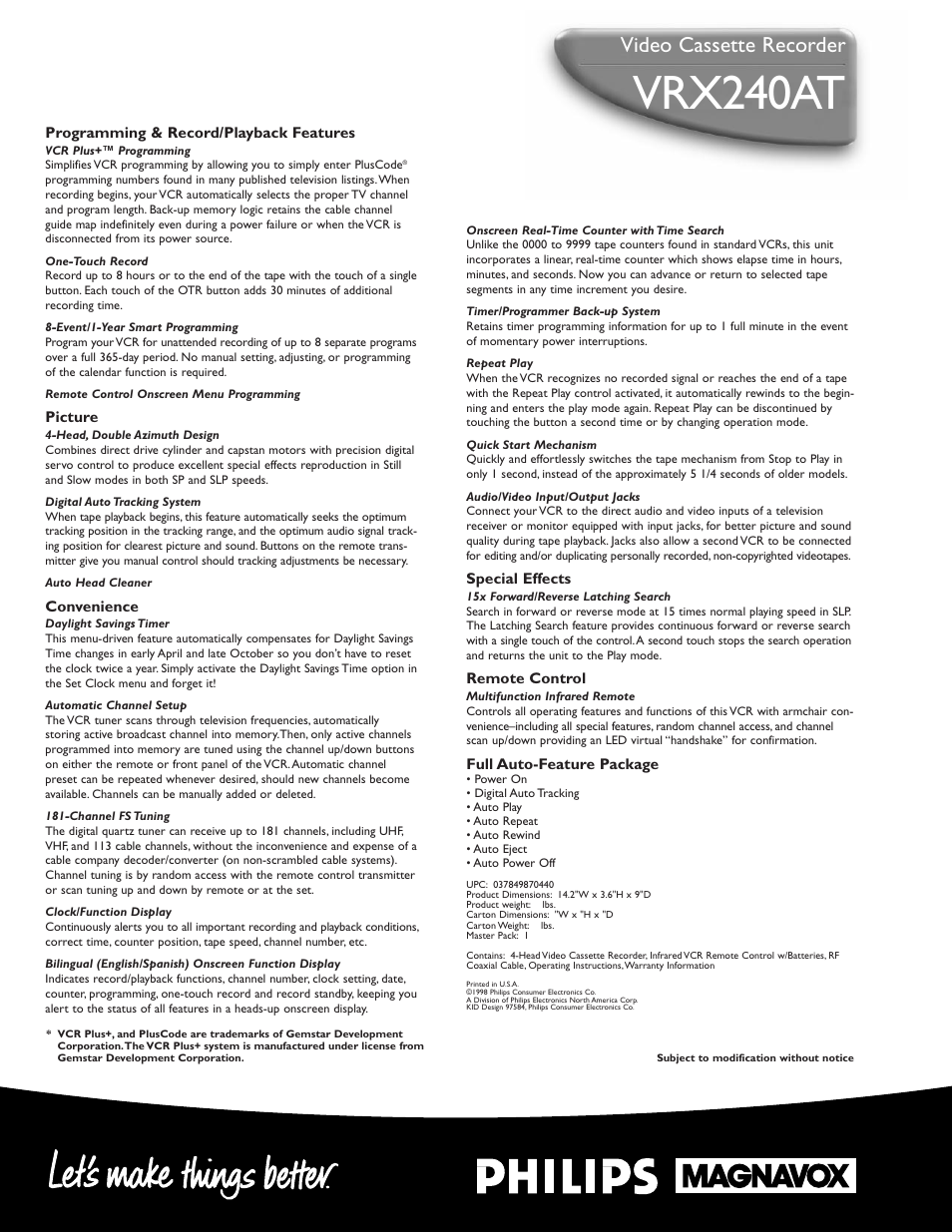 Vrx240at, Video cassette recorder | Philips VRX240AT99 User Manual | Page 2 / 2