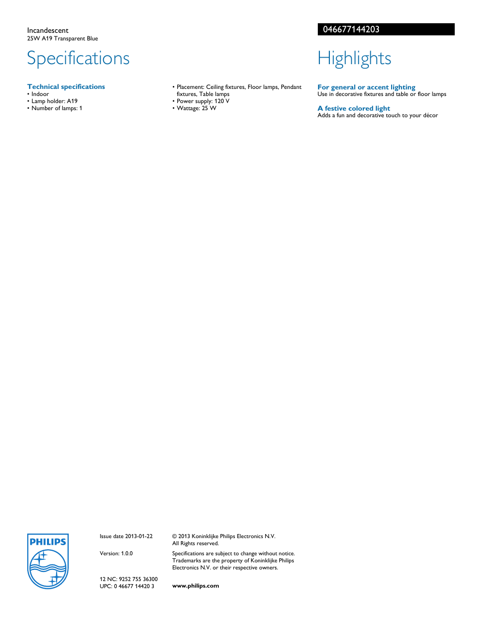 Specifications, Highlights | Philips 046677144203 User Manual | Page 2 / 2