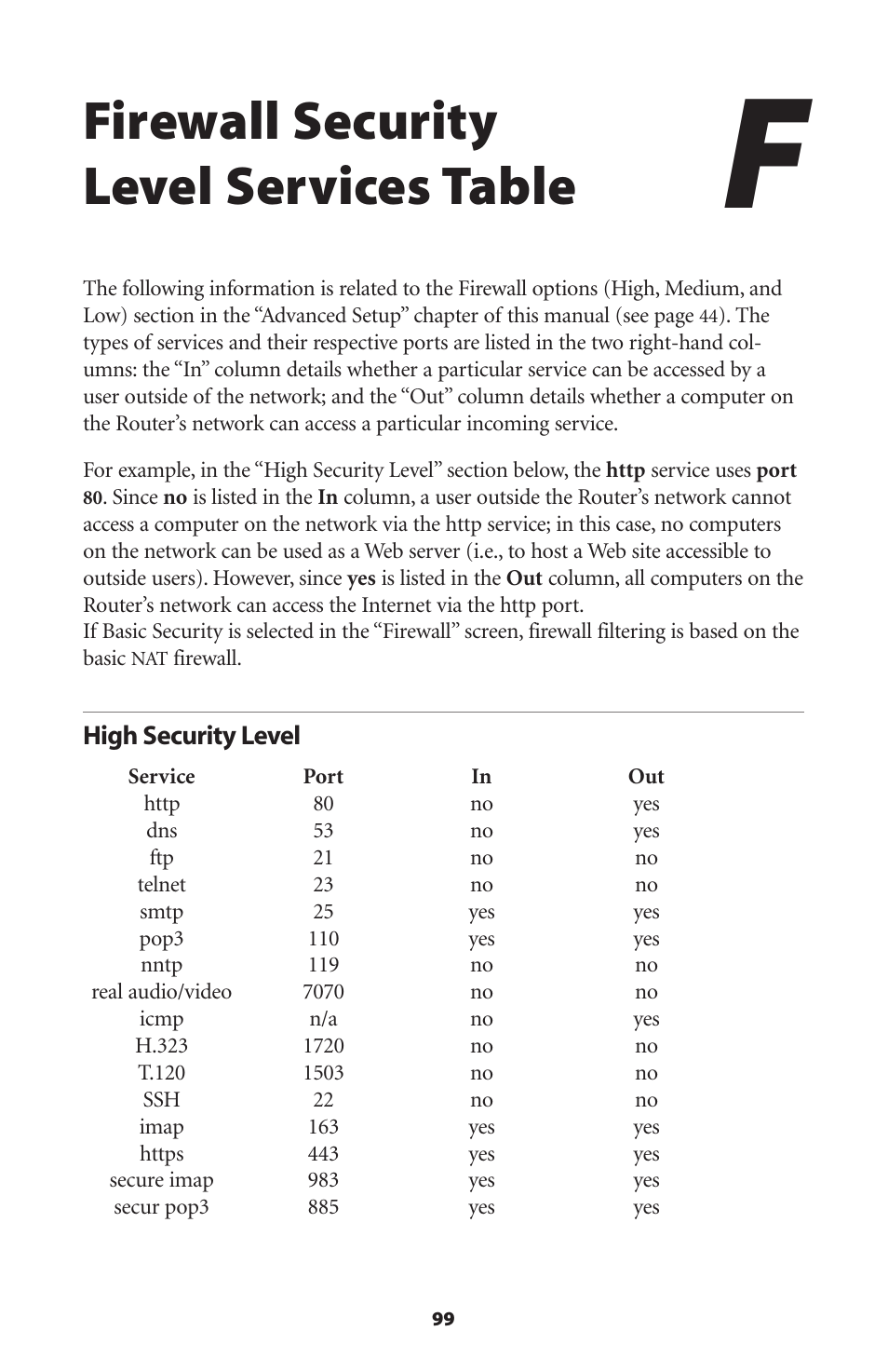 Firewall security level services table, High security level | Actiontec electronic GT704WR User Manual | Page 102 / 115