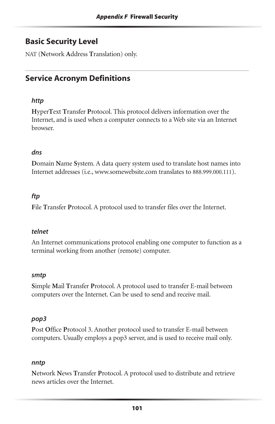 Basic security level, Service acronym definitions, 101 service acronym definitions | Actiontec electronic GT704WR User Manual | Page 104 / 115