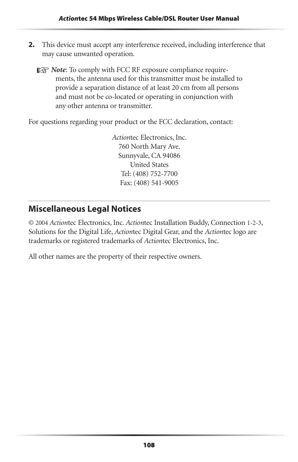 Miscellaneous legal notices | Actiontec electronic GT704WR User Manual | Page 111 / 115