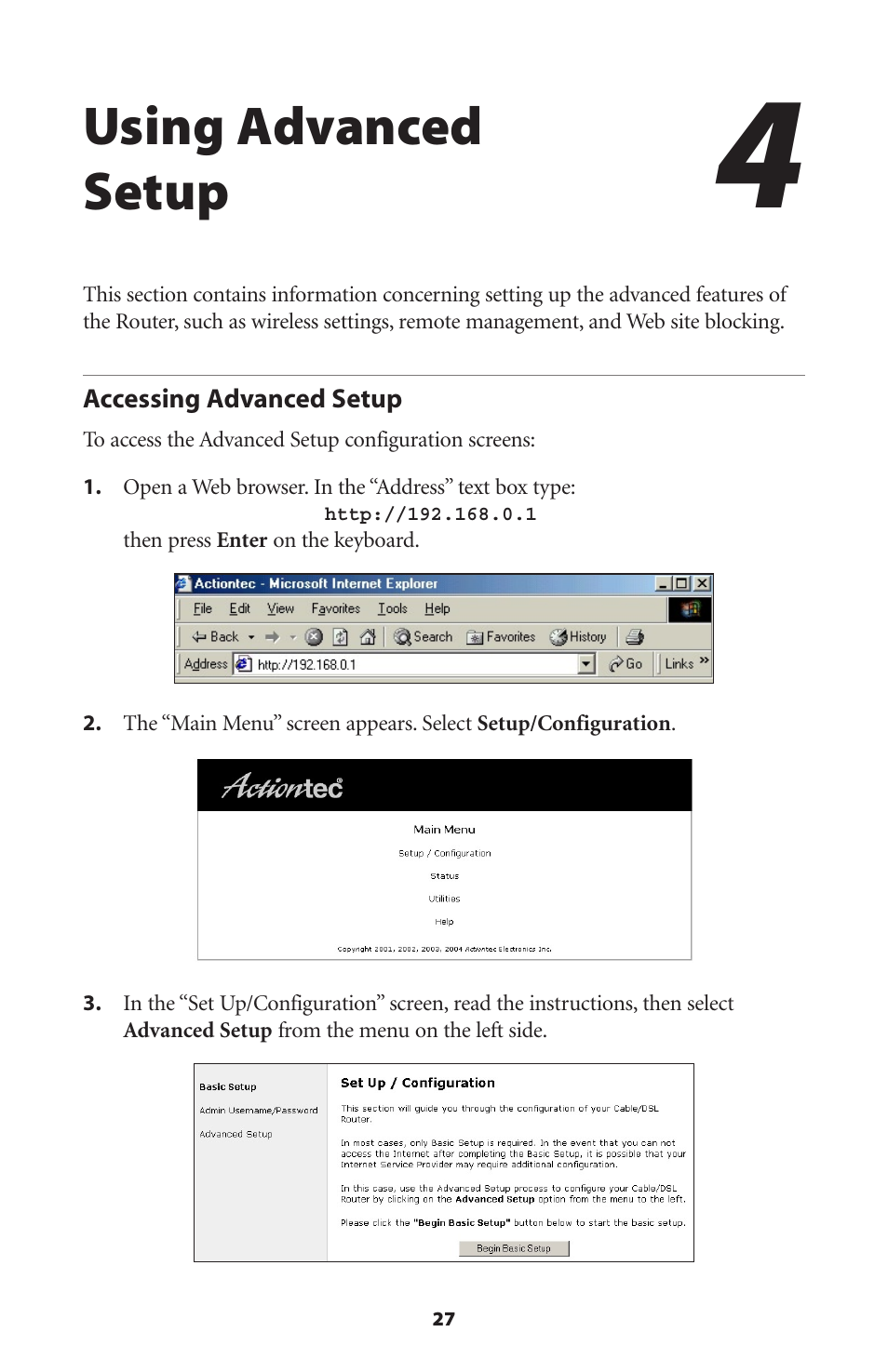 Using advanced setup, Accessing advanced setup | Actiontec electronic GT704WR User Manual | Page 30 / 115