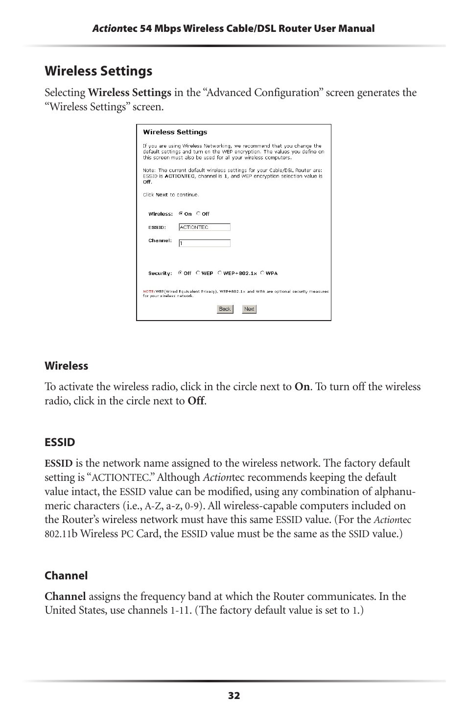 Wireless settings | Actiontec electronic GT704WR User Manual | Page 35 / 115