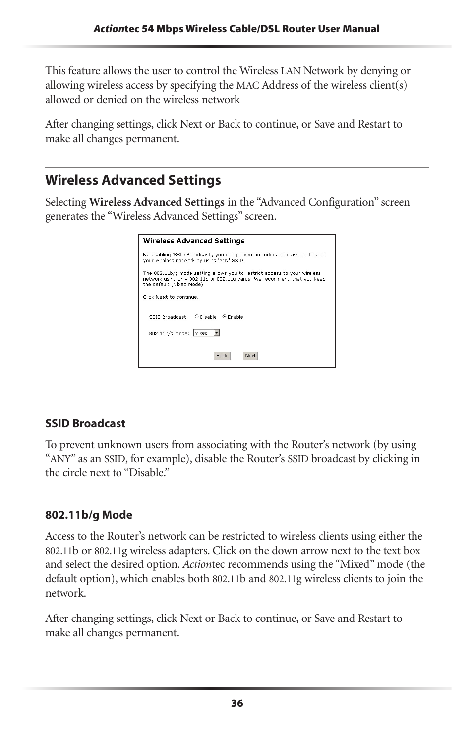 Wireless advanced settings | Actiontec electronic GT704WR User Manual | Page 39 / 115