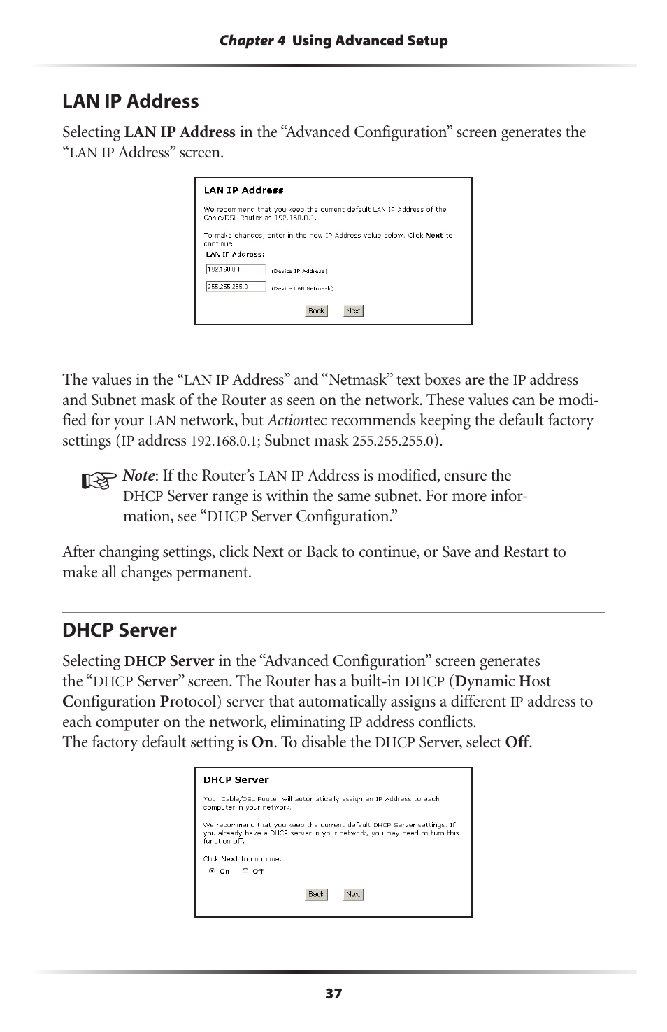 Lan ip address, Dhcp server, 37 dhcp server | Actiontec electronic GT704WR User Manual | Page 40 / 115