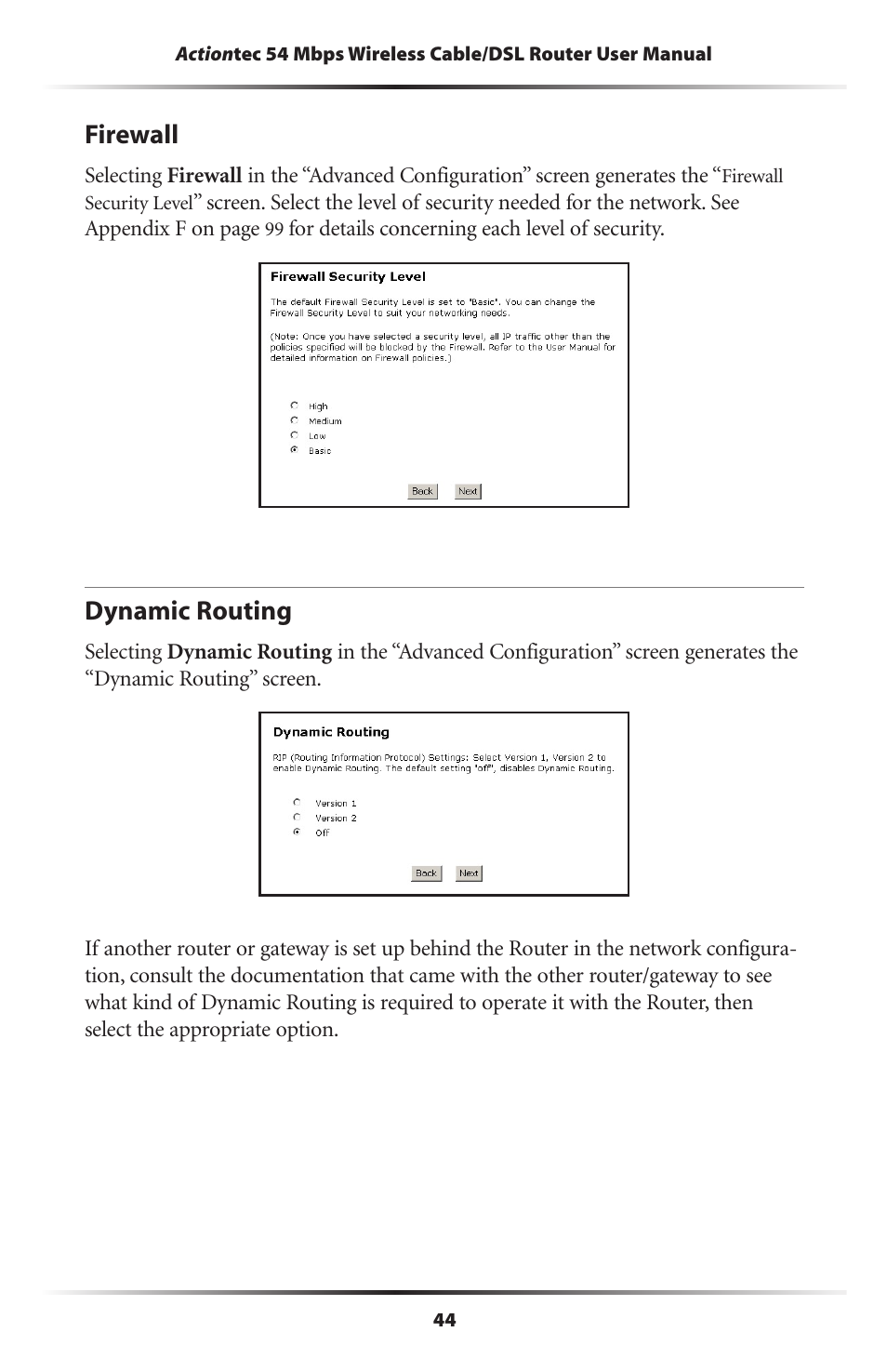 Firewall, Dynamic routing, 44 dynamic routing | Actiontec electronic GT704WR User Manual | Page 47 / 115