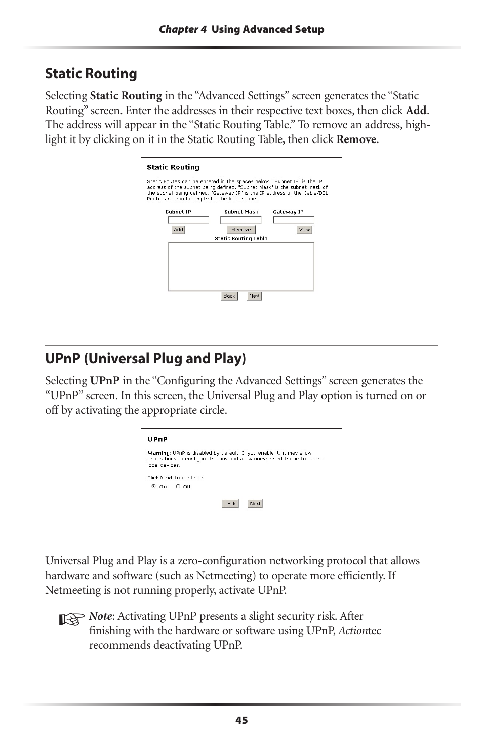 Static routing, Upnp (universal plug and play), 45 upnp (universal plug and play) | Actiontec electronic GT704WR User Manual | Page 48 / 115