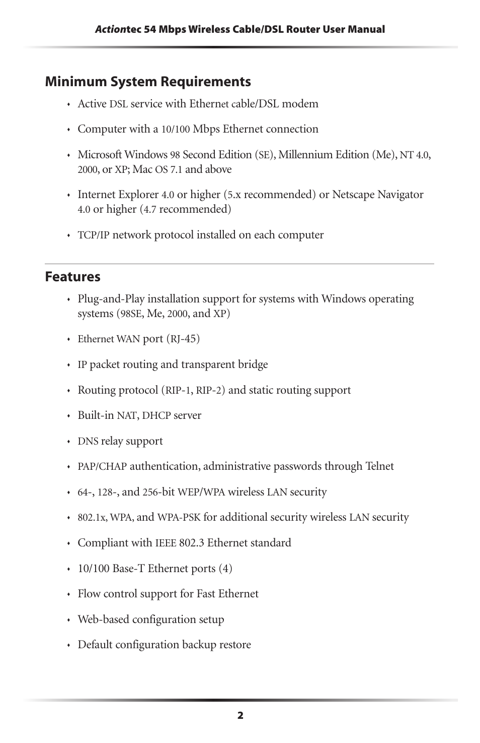 Minimum system requirements, Features, 2 features | Actiontec electronic GT704WR User Manual | Page 5 / 115