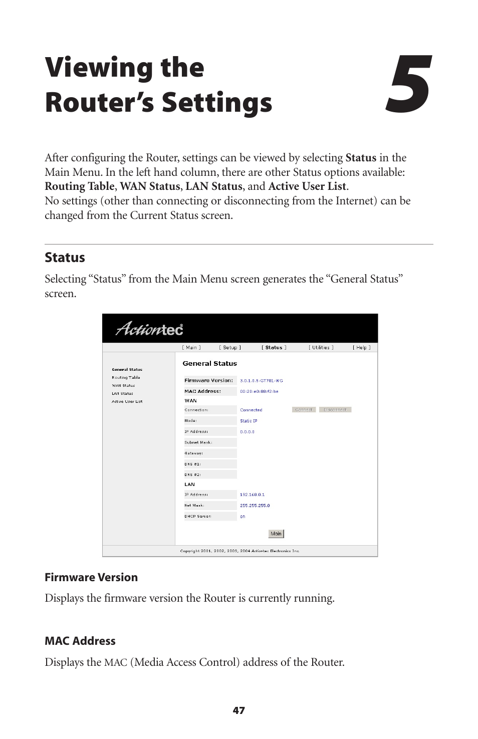 Viewing the router’s settings, Status | Actiontec electronic GT704WR User Manual | Page 50 / 115