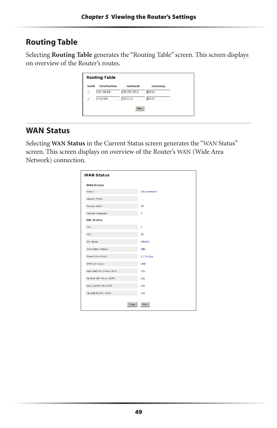 Routing table, Wan status, 49 wan status | Actiontec electronic GT704WR User Manual | Page 52 / 115