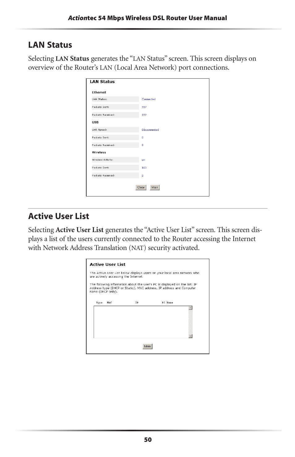 Lan status, Active user list, 50 active user list | Actiontec electronic GT704WR User Manual | Page 53 / 115