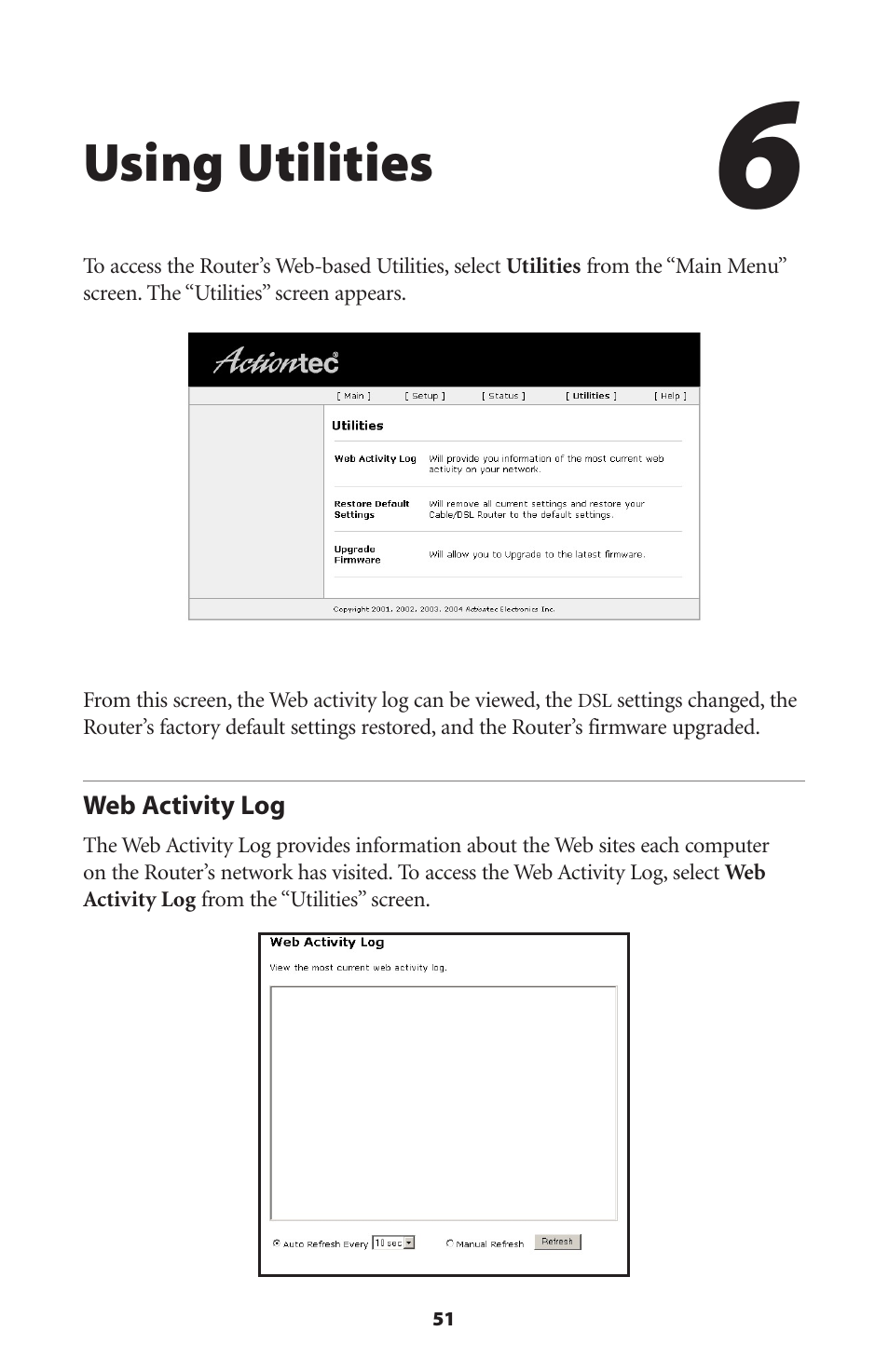 Using utilities, Web activity log | Actiontec electronic GT704WR User Manual | Page 54 / 115