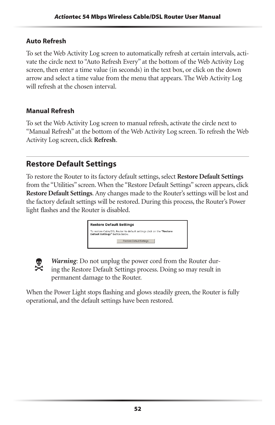 Restore default settings | Actiontec electronic GT704WR User Manual | Page 55 / 115