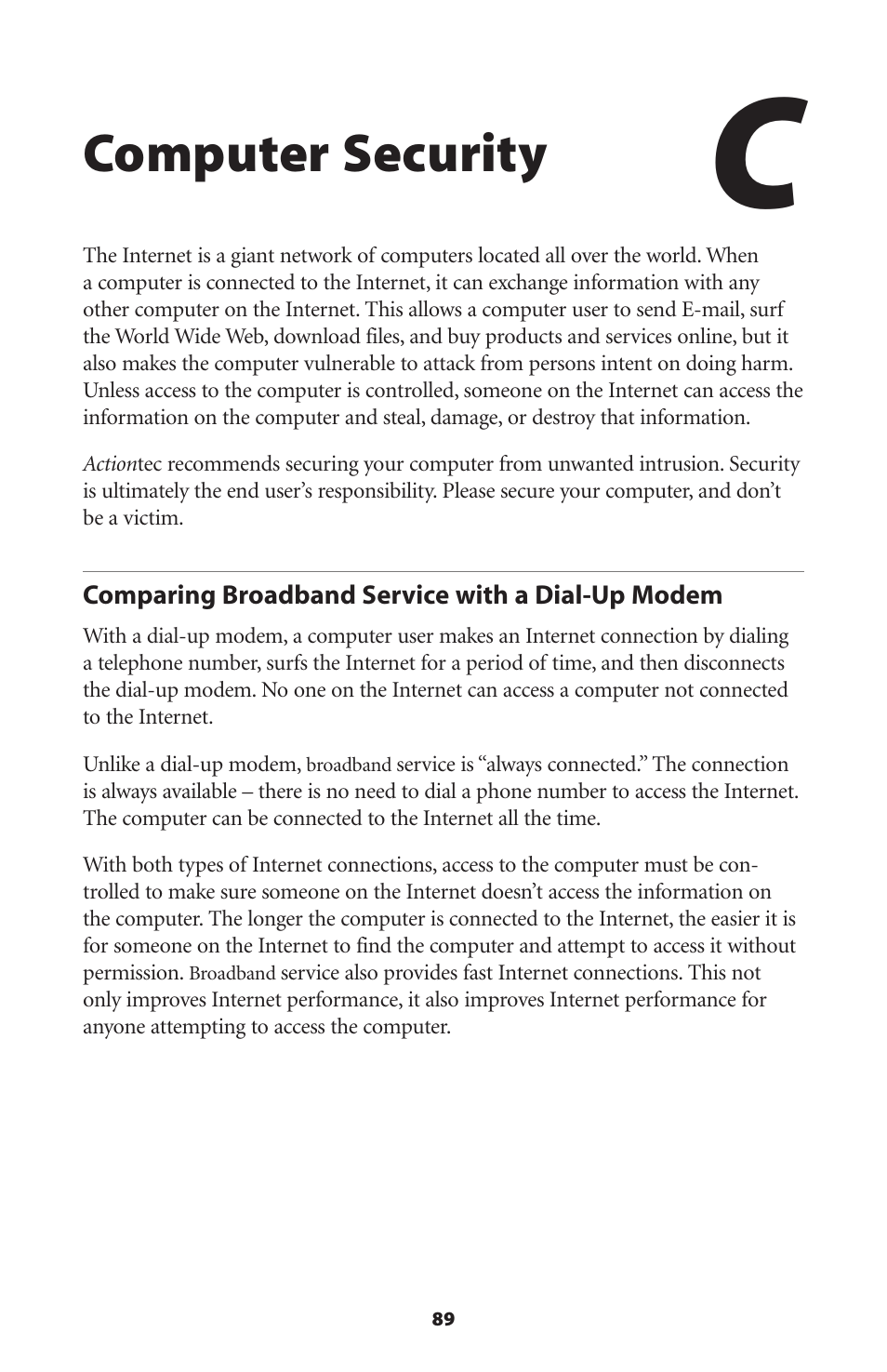 Computer security, Comparing broadband service with a dial-up modem | Actiontec electronic GT704WR User Manual | Page 92 / 115