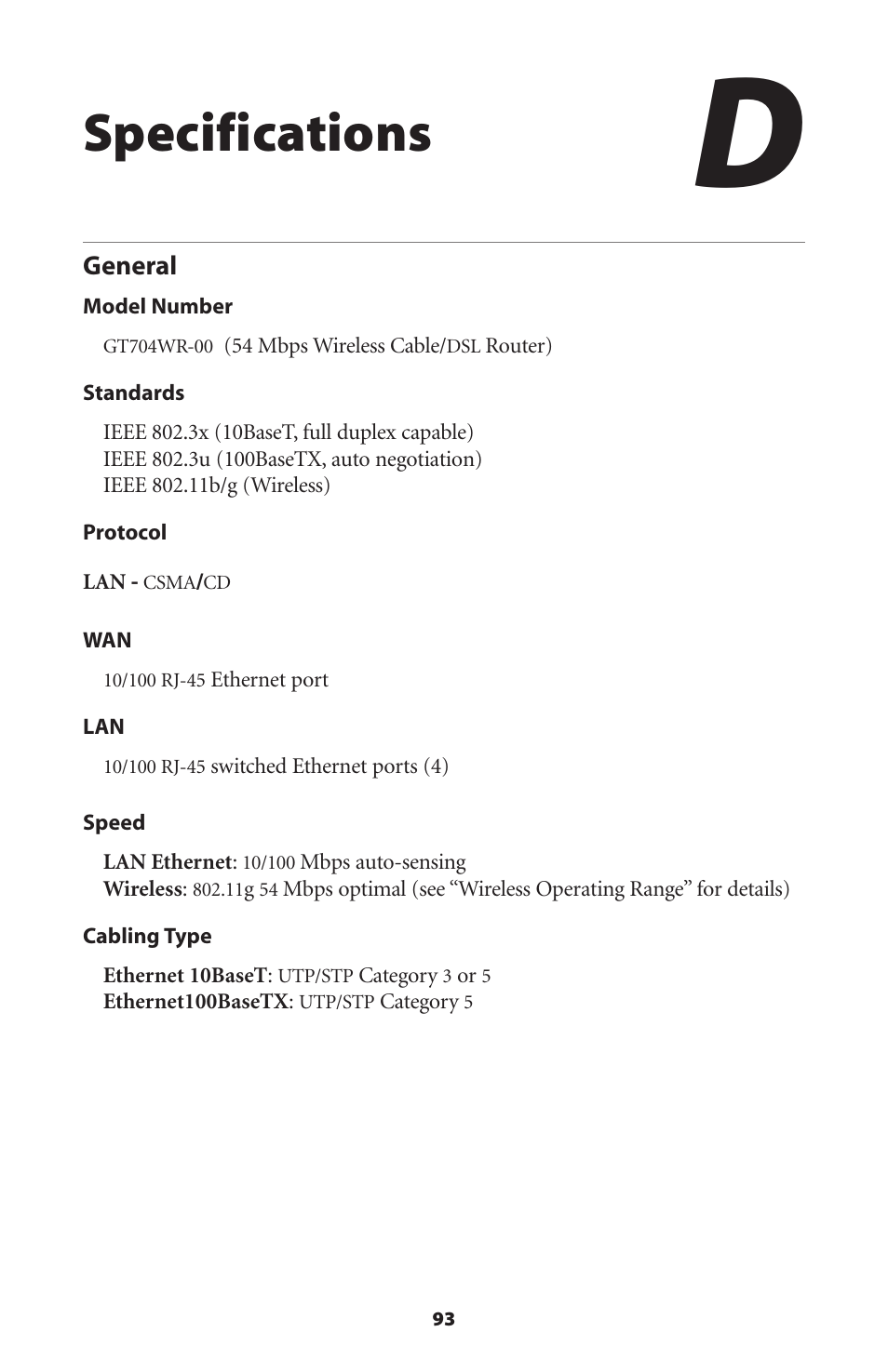 Specifications, General | Actiontec electronic GT704WR User Manual | Page 96 / 115