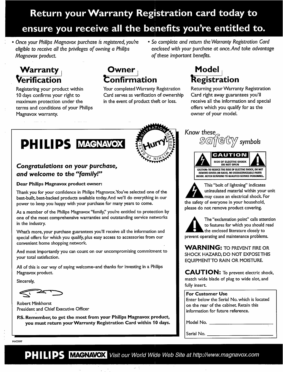 Philips, Warranty | verification, Owner i tonflrmation | Magnavox, Model i kegistration, Warning, Caution | Philips MX920AHT-37 User Manual | Page 2 / 40