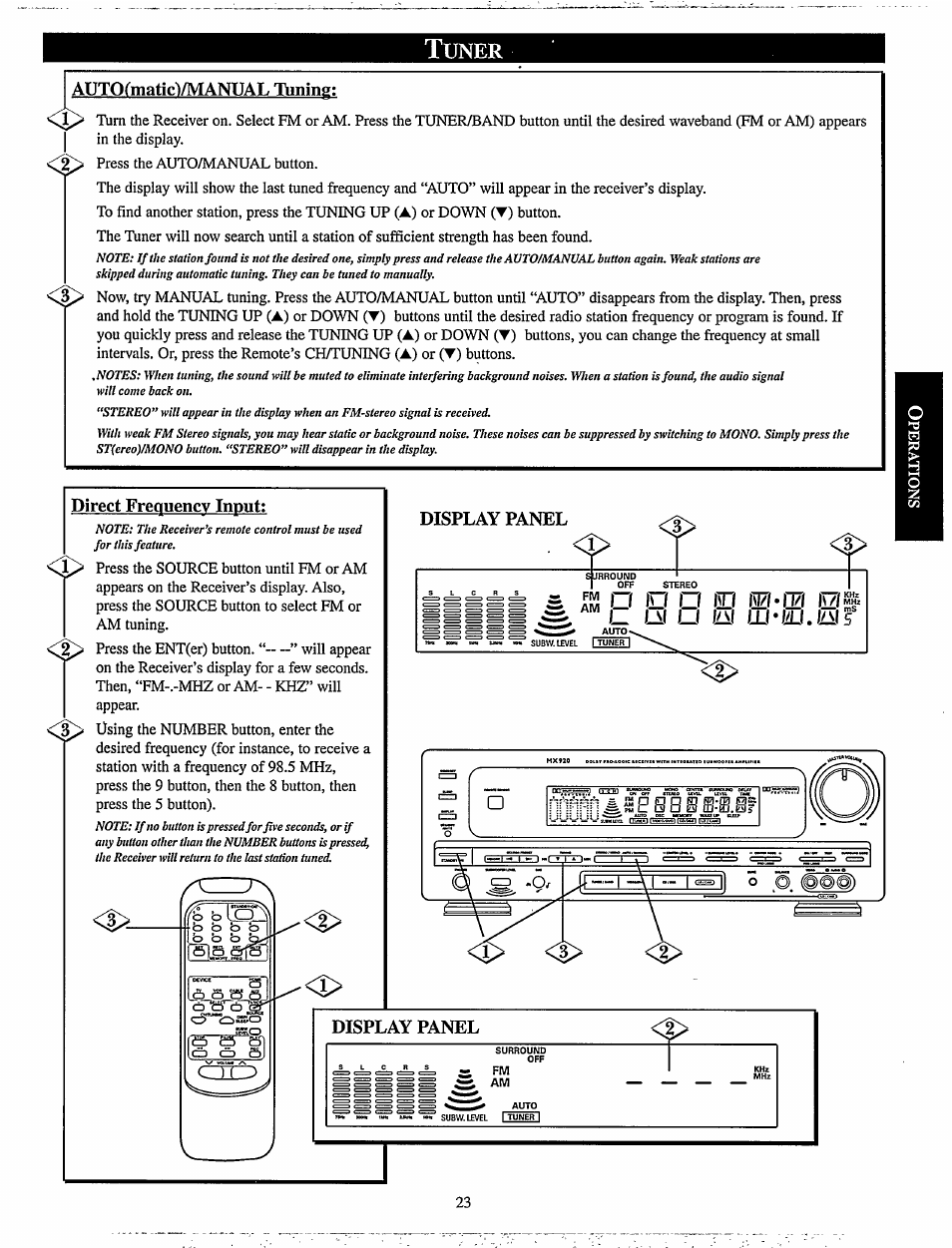 Tuner, Autofmaticì/manual i\inin, Direct frequency input | Display panel, Uner | Philips MX920AHT-37 User Manual | Page 23 / 40