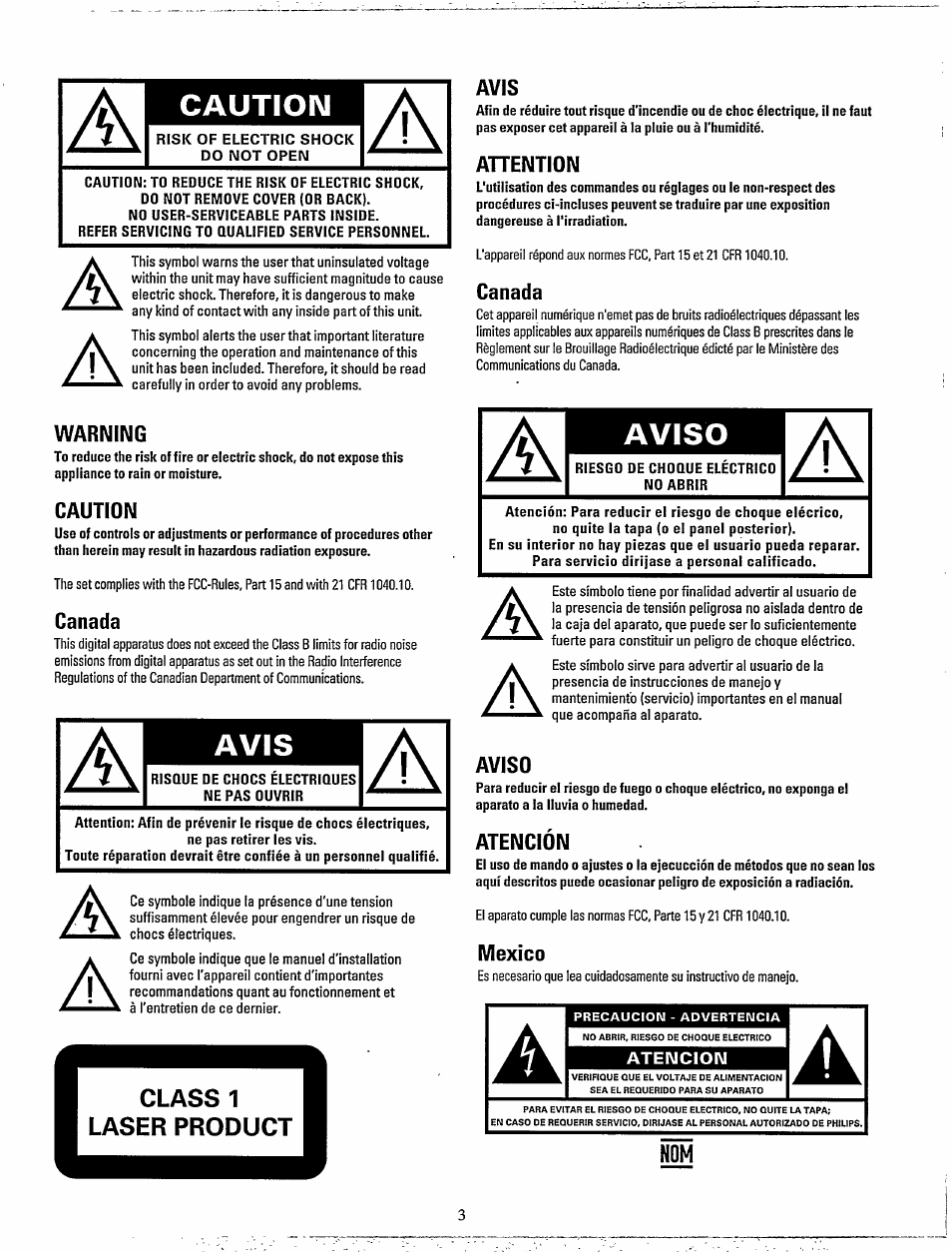 Caution, Avis, Aviso | Philips MX920AHT-37 User Manual | Page 3 / 40