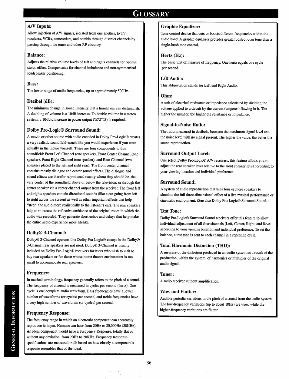 Glossary, Lossary | Philips MX920AHT-37 User Manual | Page 36 / 40