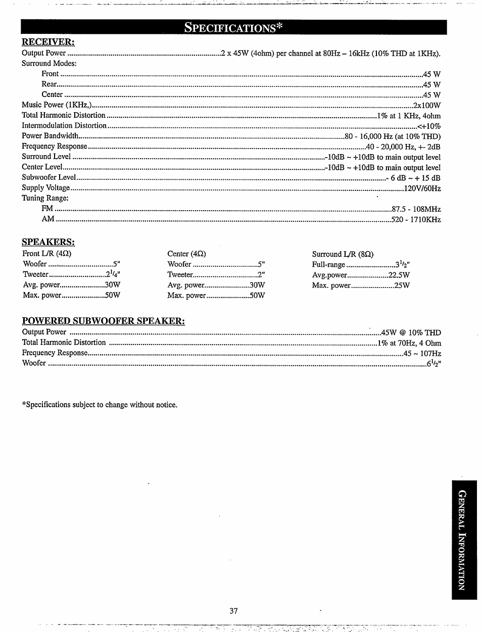 Specifications, Receiver, Speakers | Powered subwoofer speaker, Pecifications | Philips MX920AHT-37 User Manual | Page 37 / 40