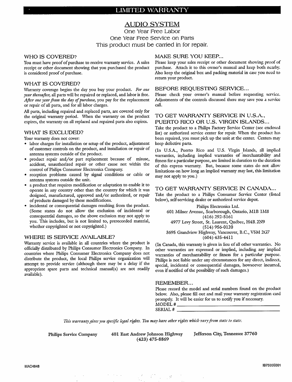 Liimited wa(^ranty, Audio system, Liimited wa(^ranty audio system | Philips MX920AHT-37 User Manual | Page 38 / 40