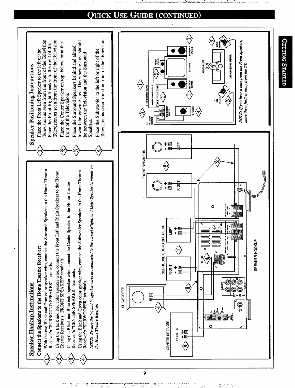 Aairvxs dniiiao, Speaker hookup instructions, Speaker positioning instructions | Philips MX920AHT-37 User Manual | Page 9 / 40