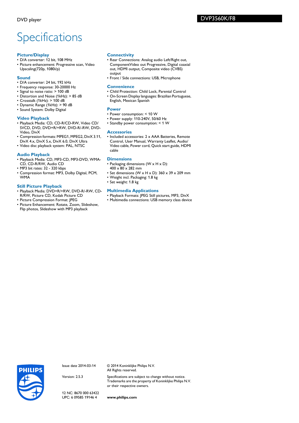 Specifications | Philips DVP3560K-F8 User Manual | Page 3 / 3