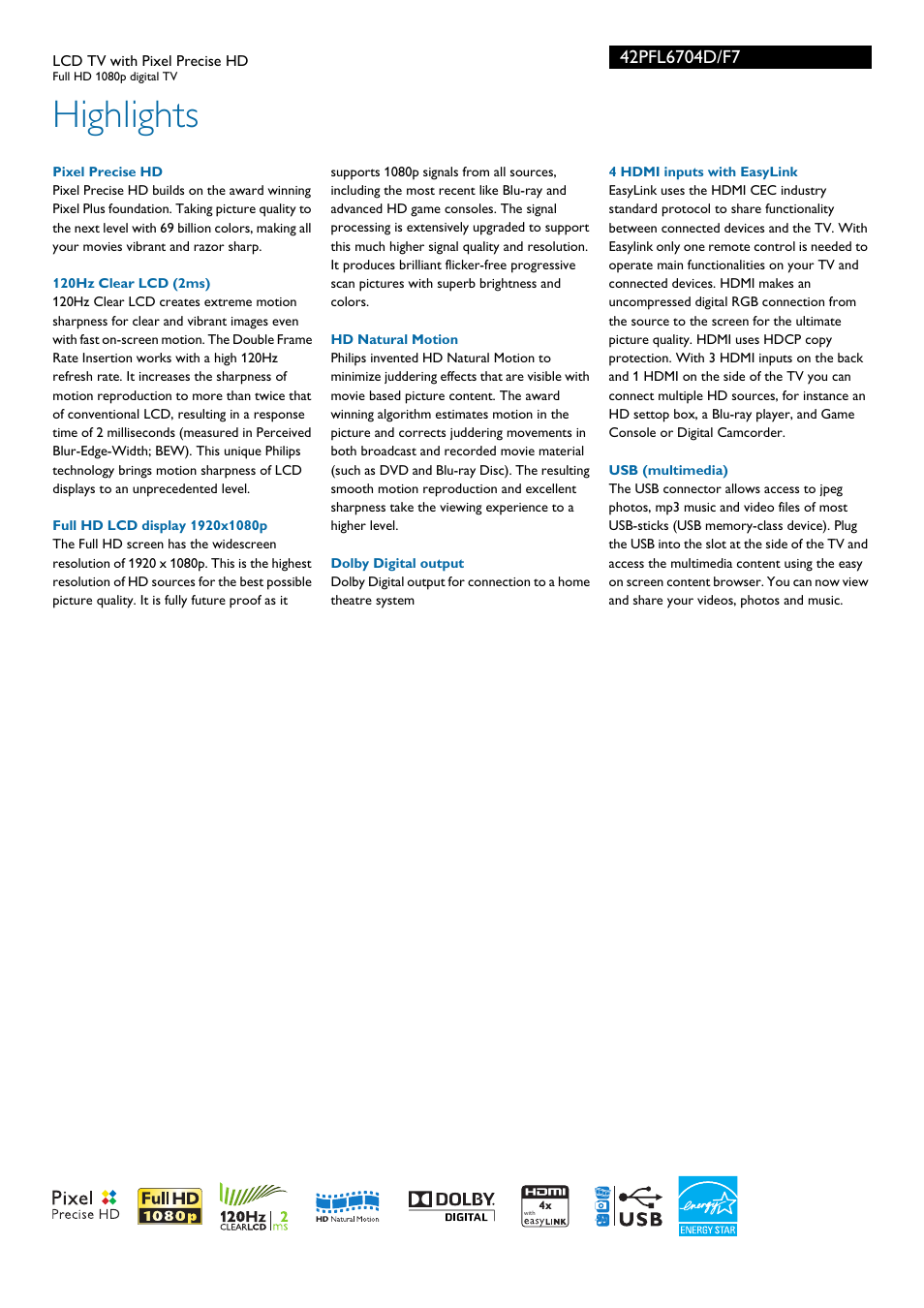Highlights | Philips 42PFL6704D-F7 User Manual | Page 2 / 3