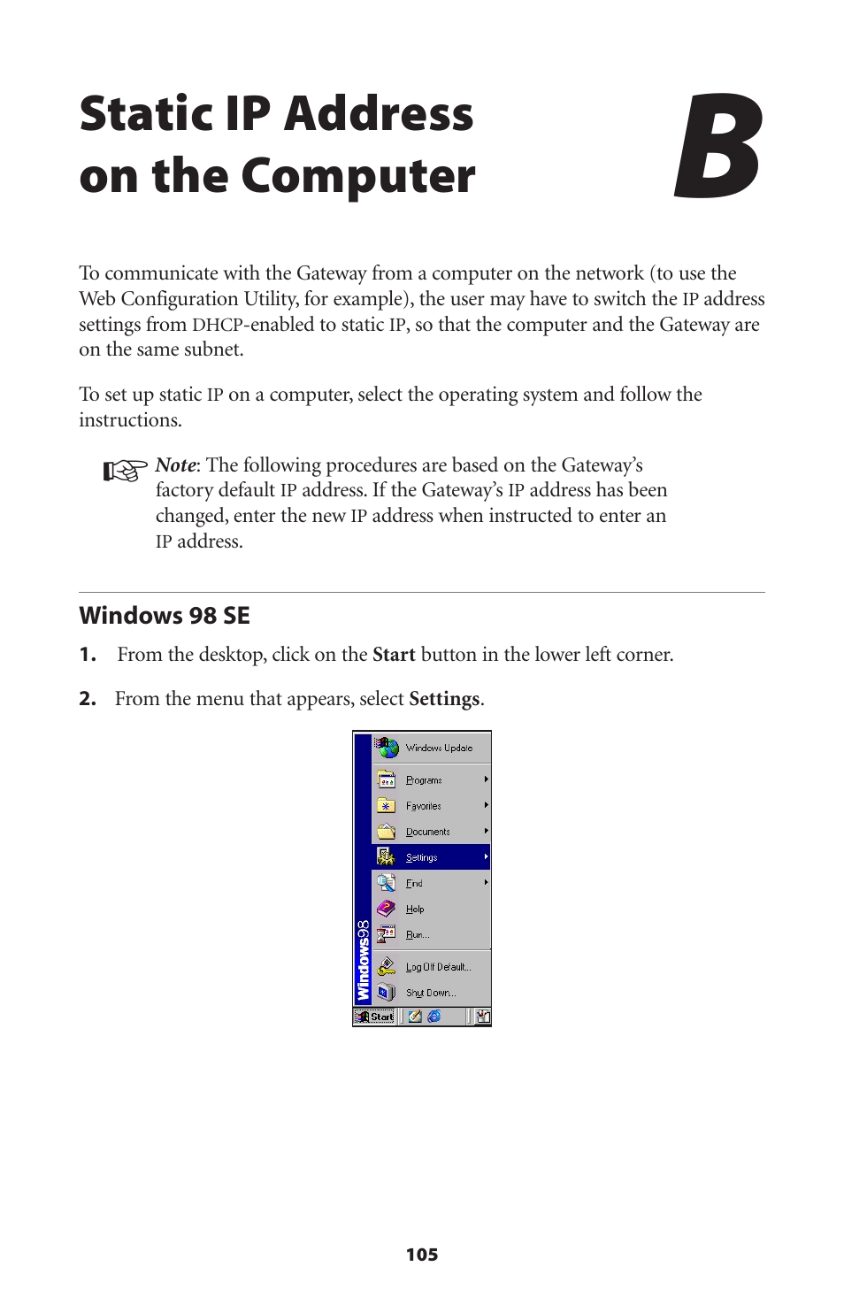 Static ip address on the computer, Windows 98 se | Actiontec electronic GT701-WG User Manual | Page 108 / 149