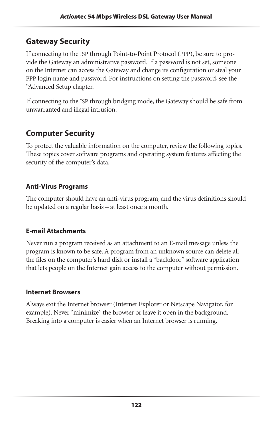 Gateway security, Computer security, 122 computer security | Actiontec electronic GT701-WG User Manual | Page 125 / 149