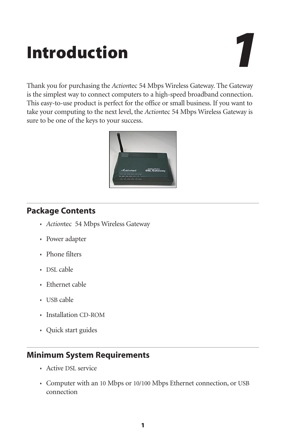 Introduction, Package contents, Minimum system requirements | 1 minimum system requirements | Actiontec electronic GT701-WG User Manual | Page 4 / 149
