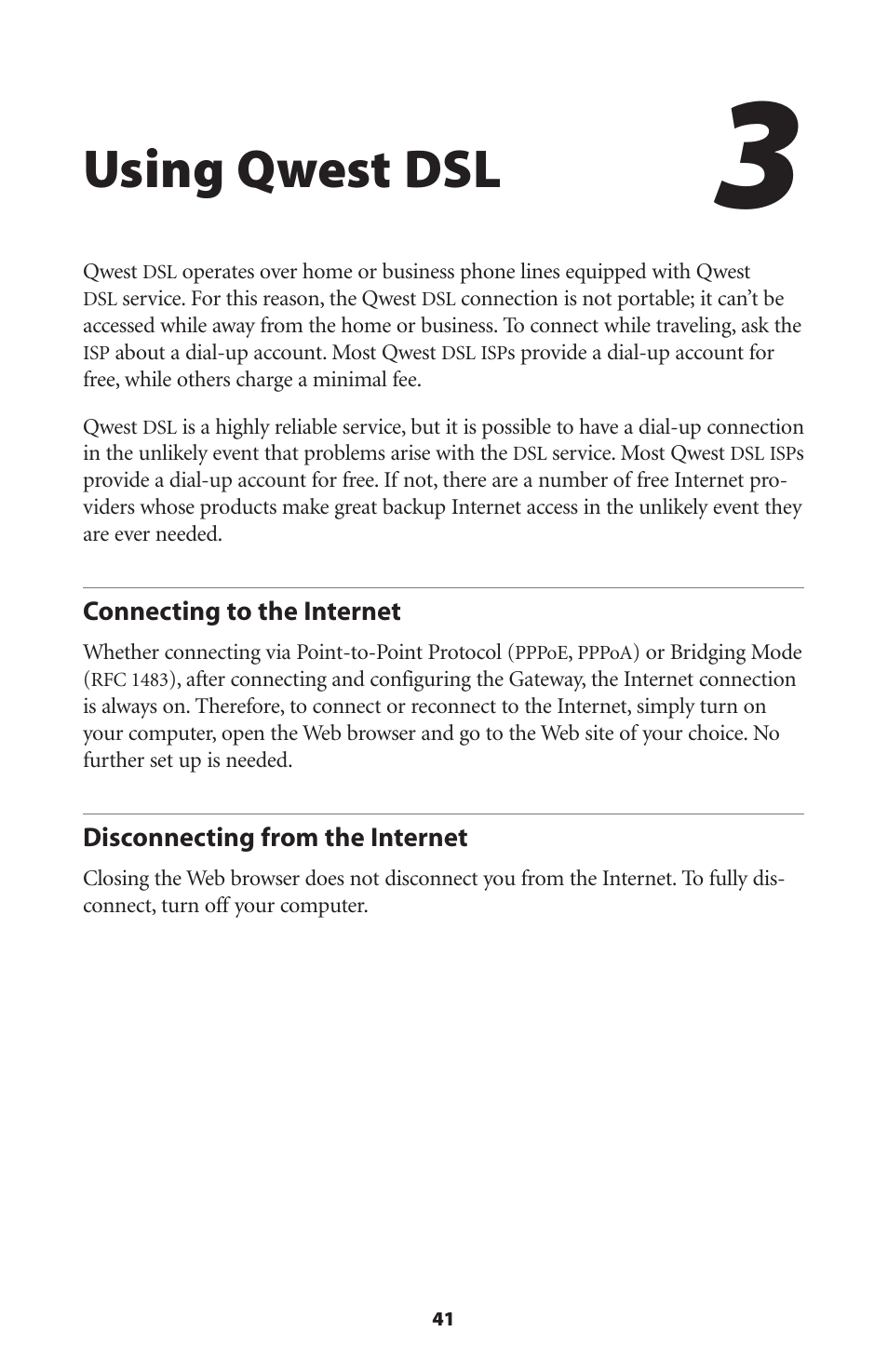 Using qwest dsl, Connecting to the internet, Disconnecting from the internet | 41 disconnecting from the internet | Actiontec electronic GT701-WG User Manual | Page 44 / 149