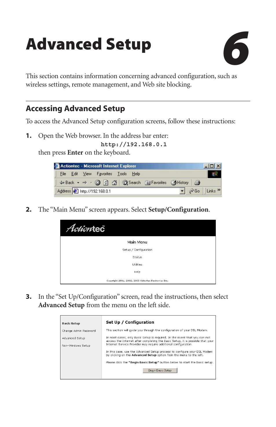 Advanced setup, Accessing advanced setup | Actiontec electronic GT701-WG User Manual | Page 60 / 149
