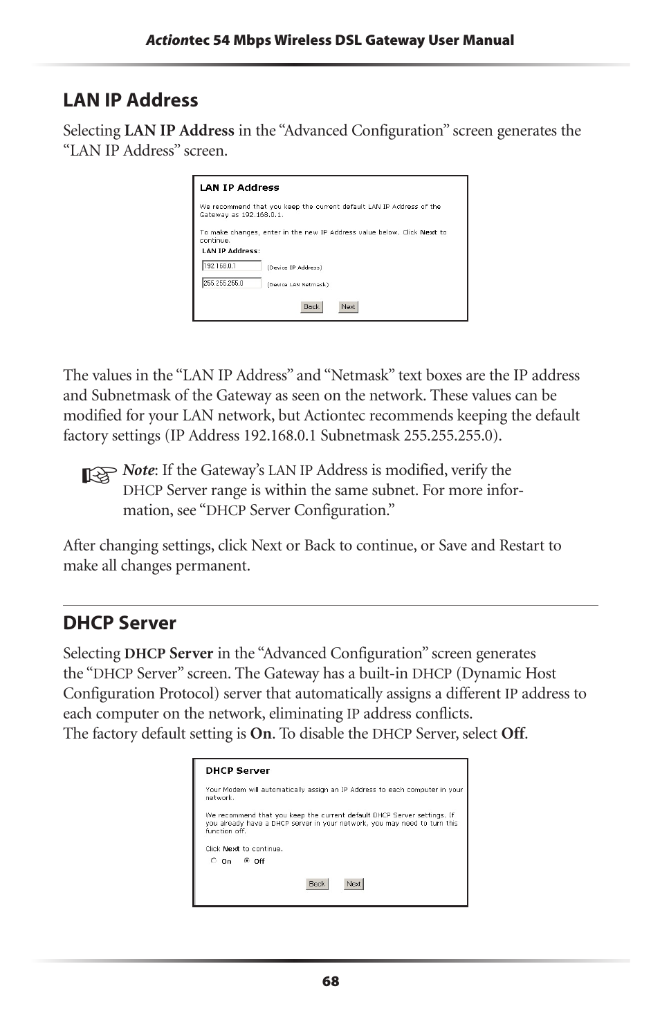 Lan ip address, Dhcp server, 68 dhcp server | Actiontec electronic GT701-WG User Manual | Page 71 / 149