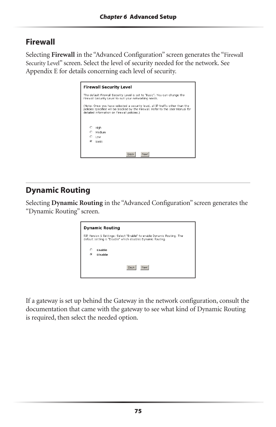 Firewall, Dynamic routing, 75 dynamic routing | Actiontec electronic GT701-WG User Manual | Page 78 / 149