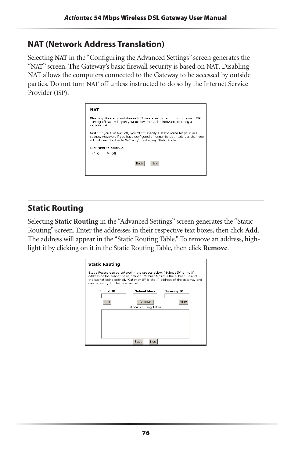 Nat (network address translation), Static routing, 76 static routing | Actiontec electronic GT701-WG User Manual | Page 79 / 149