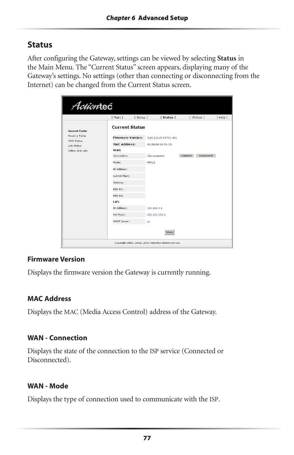 Status | Actiontec electronic GT701-WG User Manual | Page 80 / 149