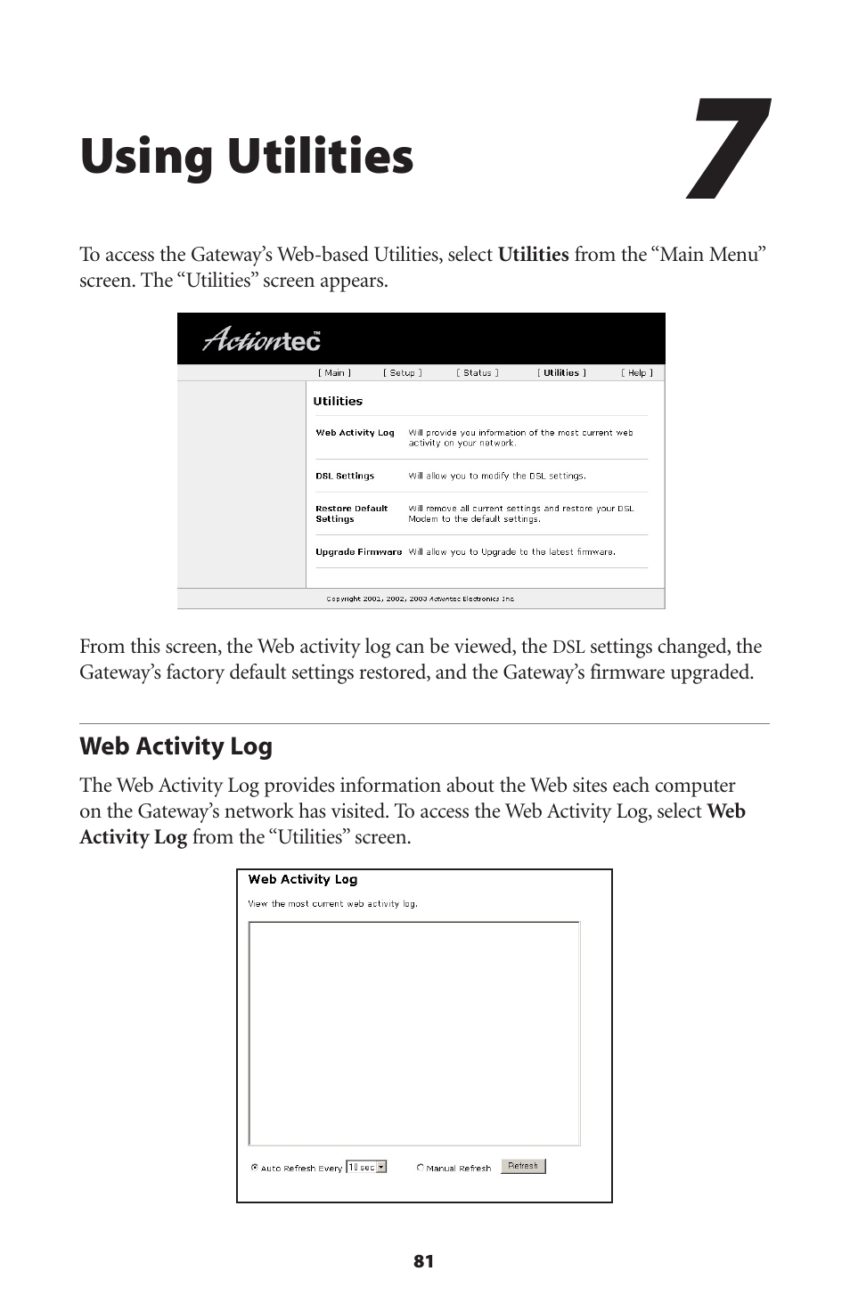 Using utilities, Web activity log | Actiontec electronic GT701-WG User Manual | Page 84 / 149