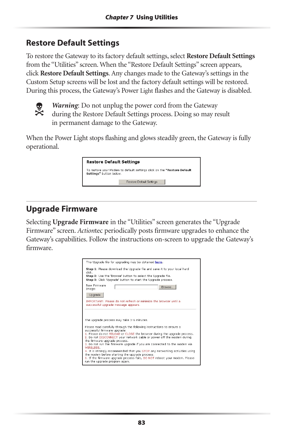 Restore default settings, Upgrade firmware, 83 upgrade firmware | Actiontec electronic GT701-WG User Manual | Page 86 / 149