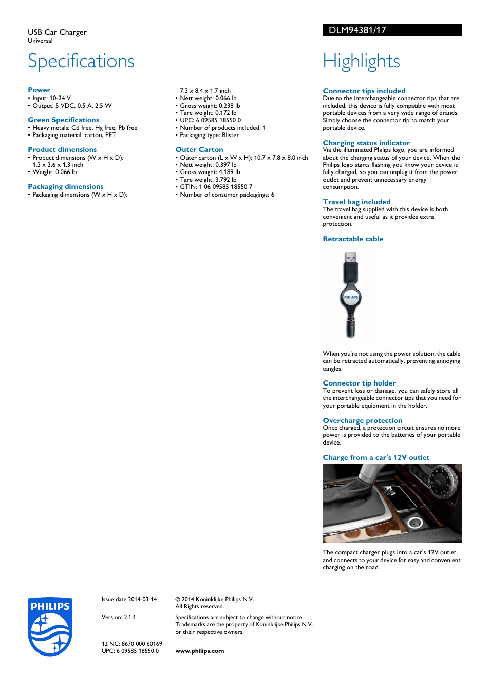 Specifications, Highlights | Philips DLM94381-17 User Manual | Page 2 / 2