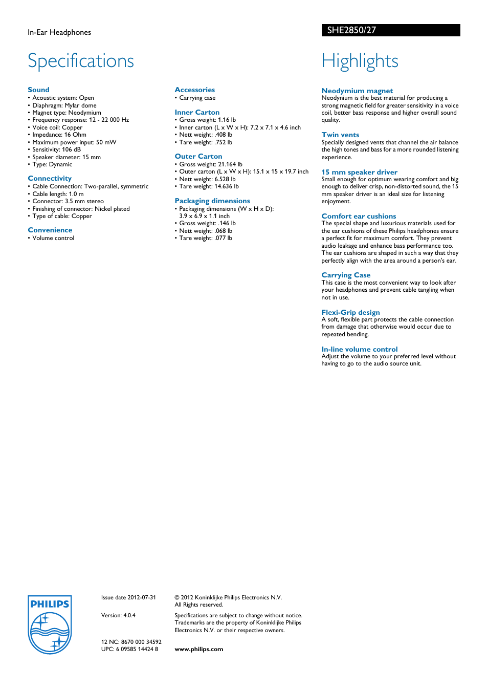 Specifications, Highlights | Philips SHE2850-27 User Manual | Page 2 / 2