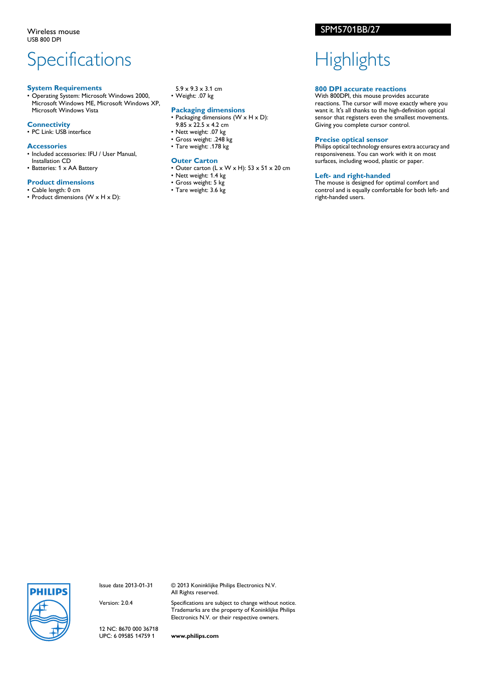 Specifications, Highlights | Philips SPM5701BB-27 User Manual | Page 2 / 2