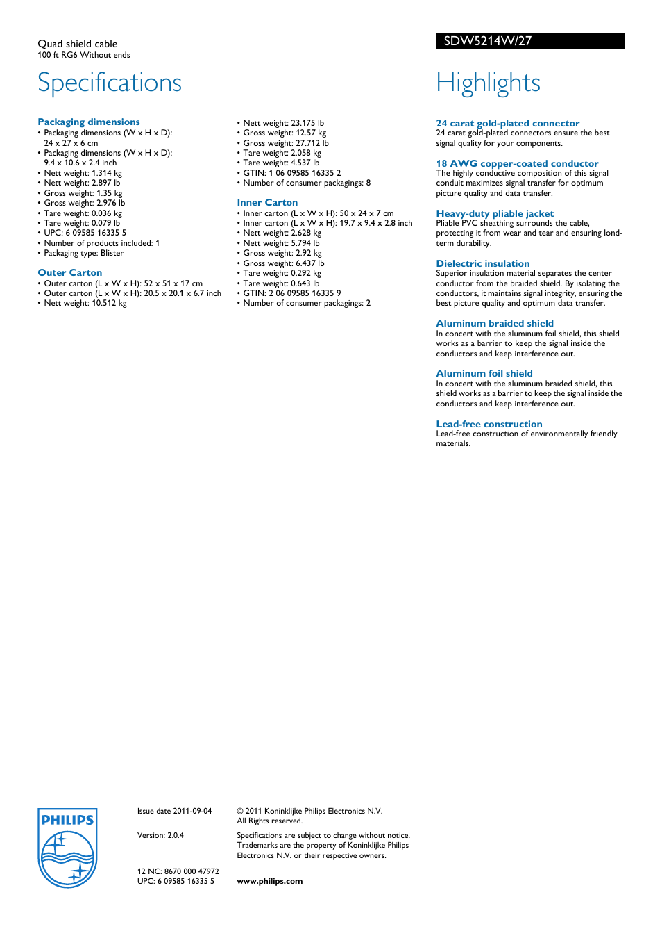 Specifications, Highlights | Philips SDW5214W-27 User Manual | Page 2 / 2